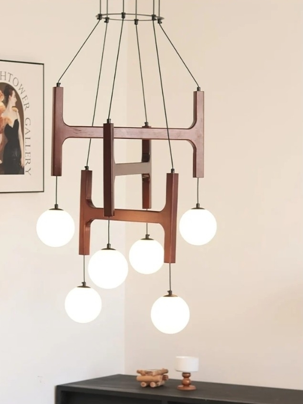 New Mid Century Modern Wood Chandelier - 6  Multi-Globe Pendant Chandelier